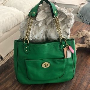 Auth COACH Poppy-Leather-Chain-Tote Kelly-Green